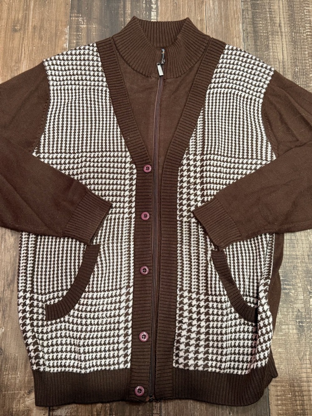 Men's Brown Houndstooth Long Sleeve Zip Up Cardigan